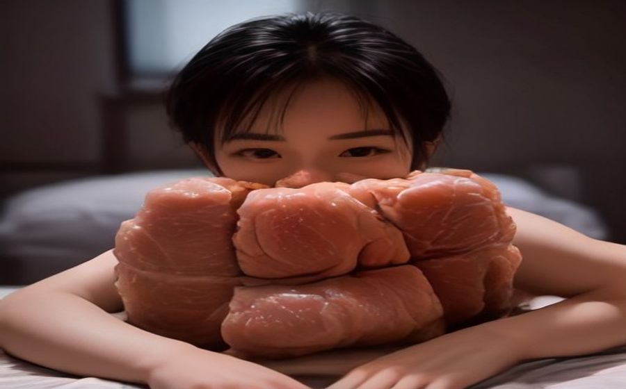 健身房内一名肌肉发达的男性正在进行杠铃卧推训练，教练在旁指导动作，灯光冷峻富有力量感